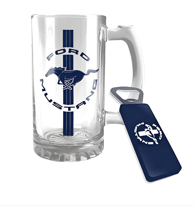 Ford Mustang Logo Glass Stein & Bottle opener Gift Pack Collectable Gift Ideas