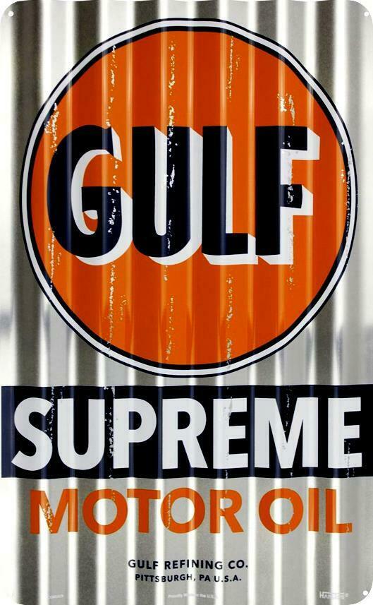 Corrugated Metal Tin Sign - Gulf Supreme Motor Oil - Gift Ideas 4 Mancave Bar