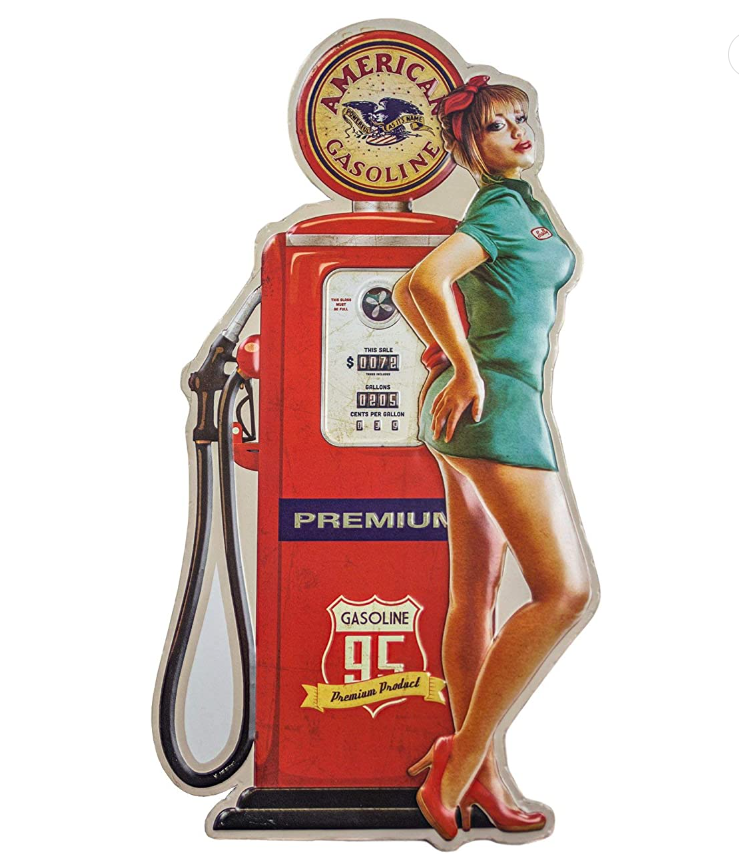 Vintage Gas Pump Pin Up Blonde Embossed Metal Tin Sign