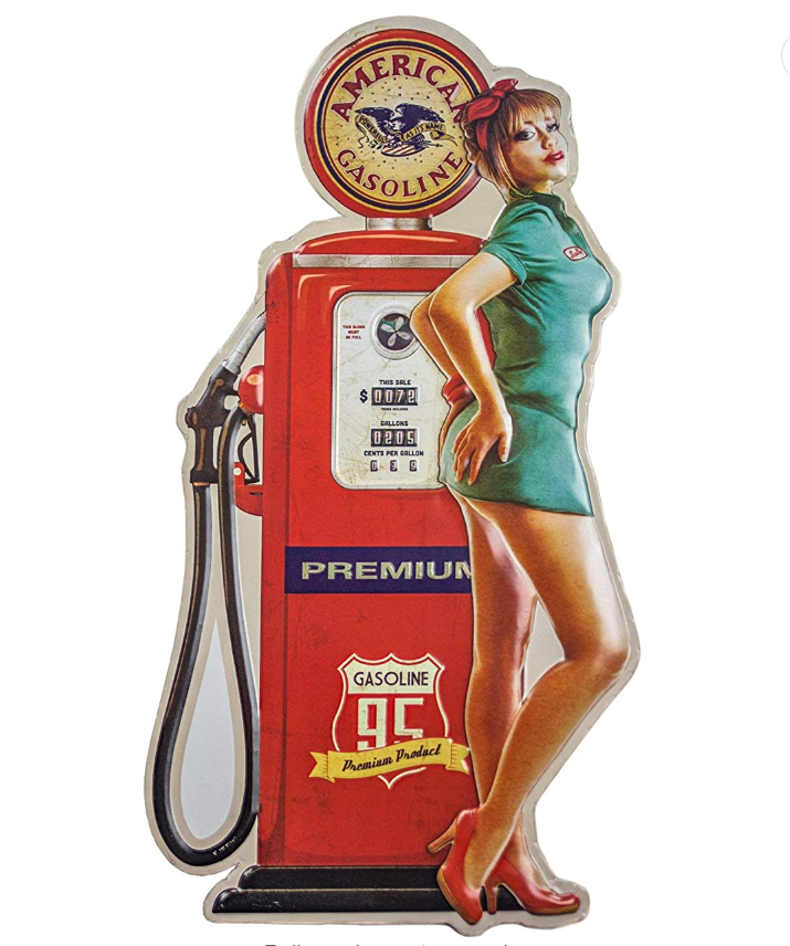 Vintage Gas Pump Pin Up Blonde Embossed Metal Tin Sign