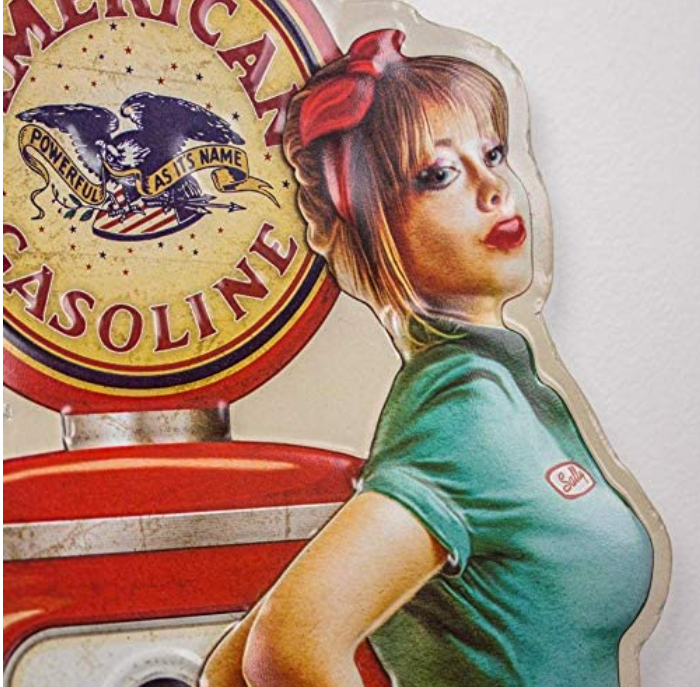 Vintage Gas Pump Pin Up Blonde Embossed Metal Tin Sign