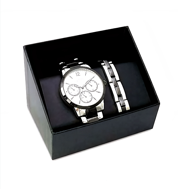 Wristwatch set with Bracelet Chrome/Black Gift Set Jewlery & Watch - Gift Ideas