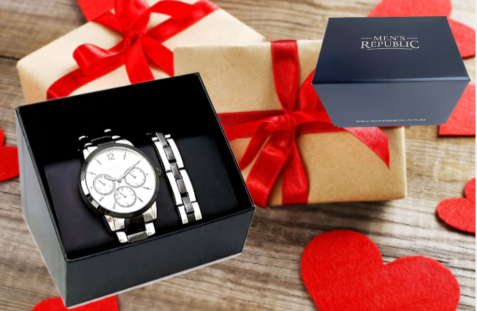 Wristwatch set with Bracelet Chrome/Black Gift Set Jewlery & Watch - Gift Ideas