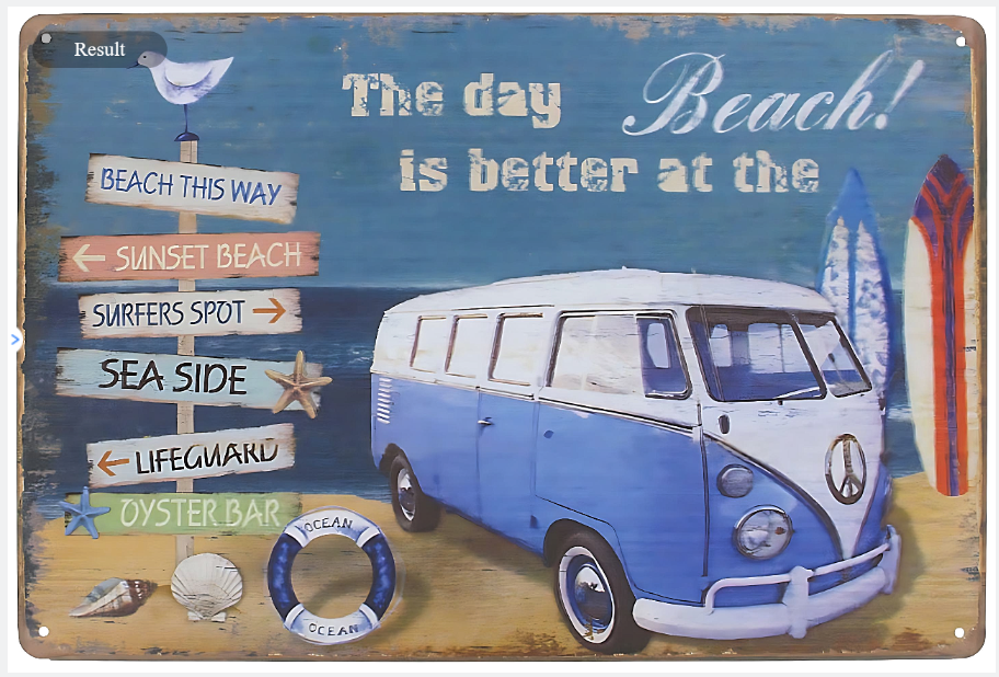 Metal Tin Sign - Novelty VW kombi Day at Beach - Gift Ideas 4 Mancave Bar Signs