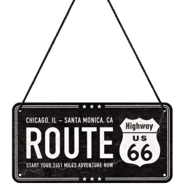 Embossed Tin Sign - Hanging Sign Route 66 Black - Gift Ideas 4 Mancave Bar Signs